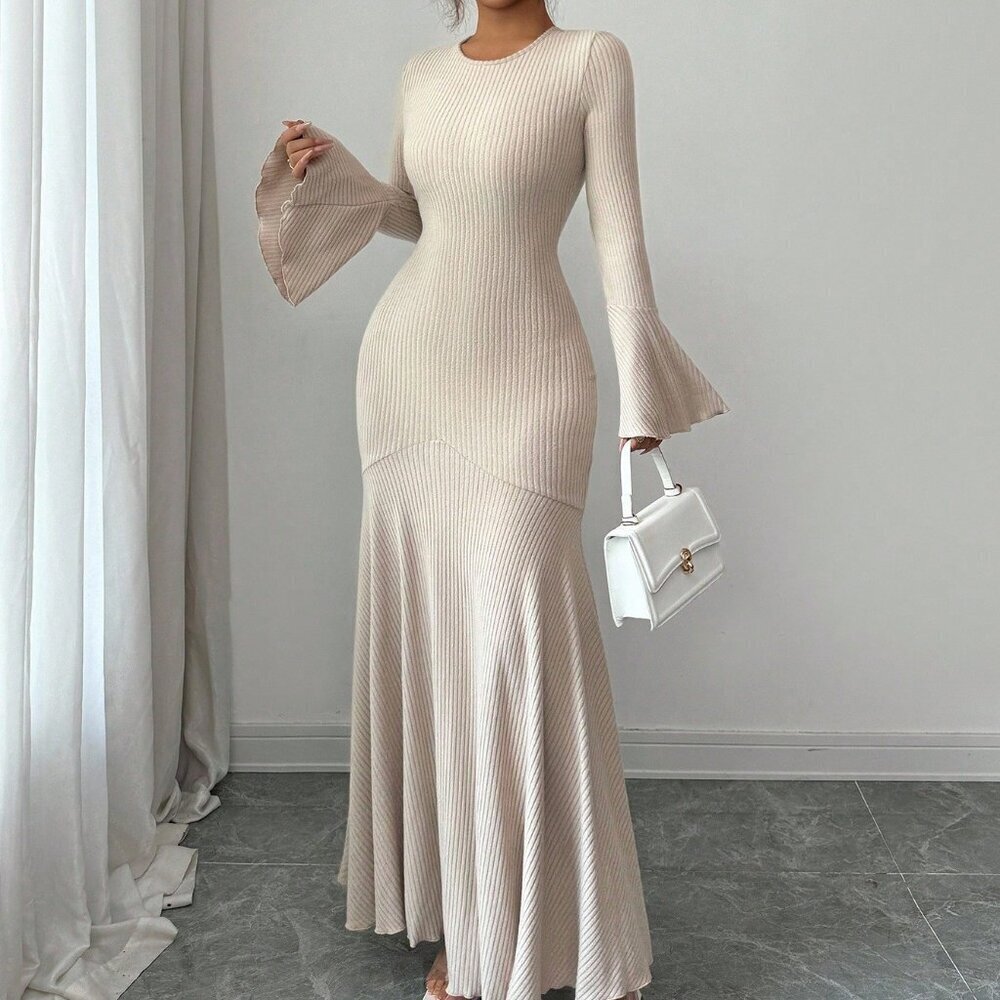 Khaki Elegant Women's Stretchy Fitted Mermaid Hem Ruffle Sleeve Dress - Picture 5 of 7